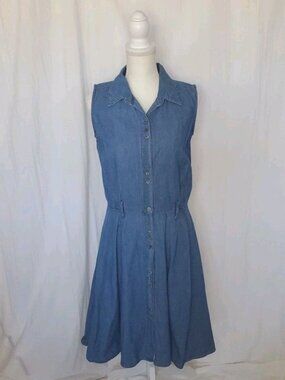 Tickets Sleeveless Button Front Denim Midi Dress Blue Sz. 10 Cottagecore Collar